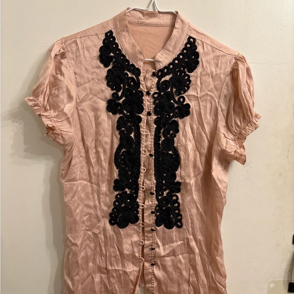 Pink Blouse with Black Lace Detail Silk